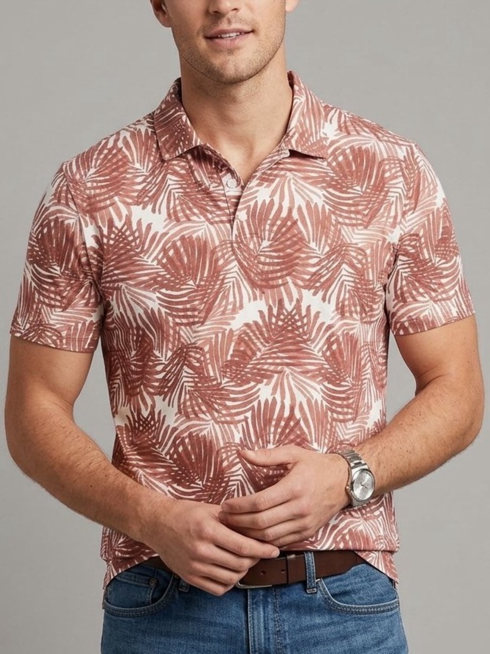 Banana Republic Men's Rust and Cream Tropical-Print Polo